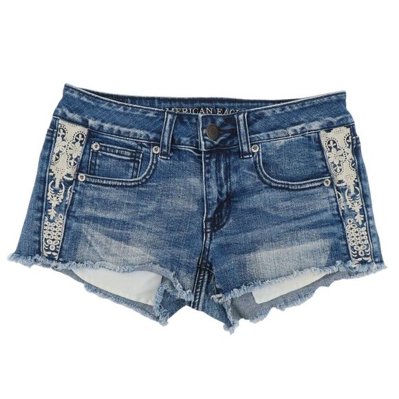 American Eagle Womens 2 Shortie Crochet Distressed Raw Hem Denim Jean Shorts - Picture 1 of 11
